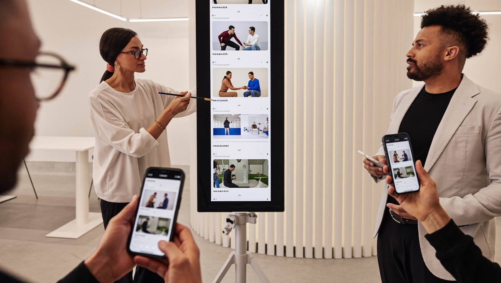 Équipe créative qui prépare une série TikTok Mini Dramas dans un studio de production digitale
