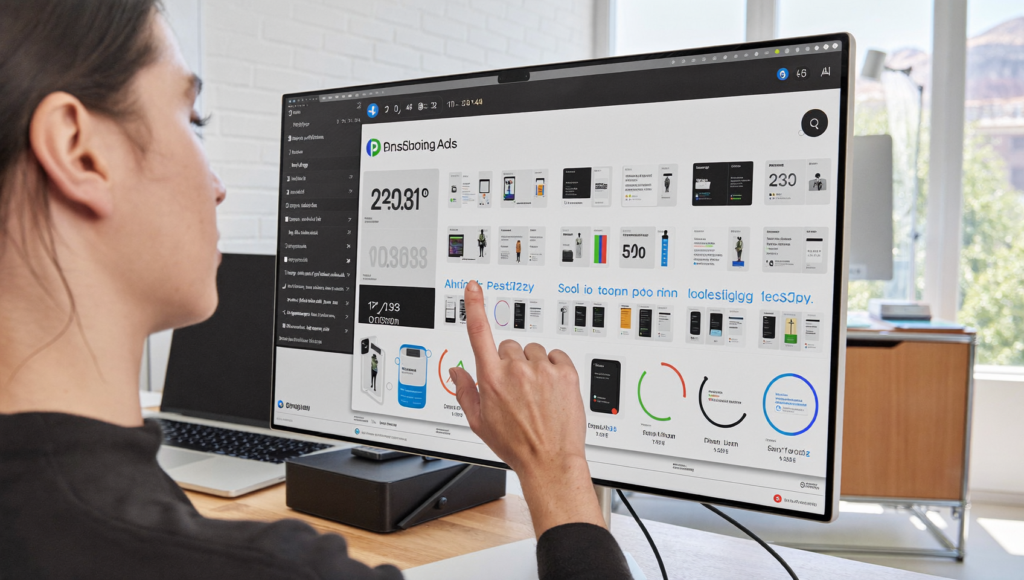 Stratège marketing analysant des campagnes Pinterest Shopping Ads 2026 sur un écran dans un studio moderne