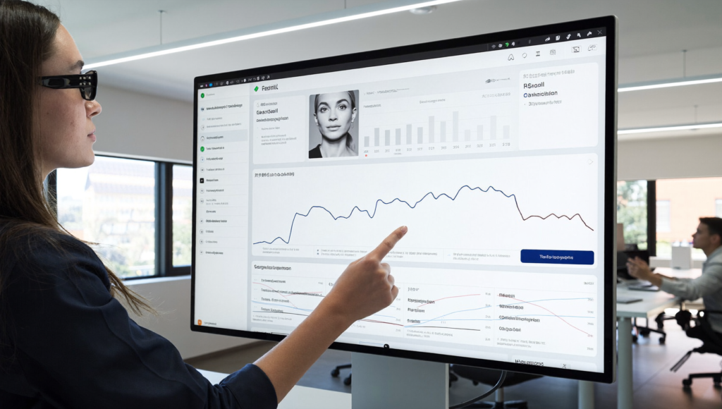 Tableau de bord d'email marketing IA personnalisation avec métriques de segmentation et ROI sur grand écran