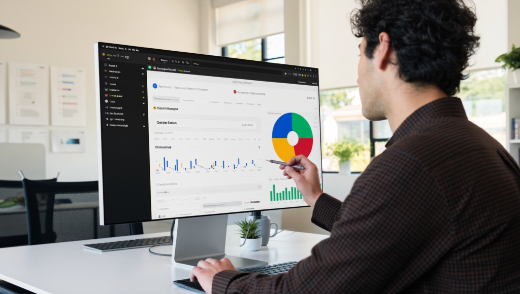 Stratège marketing analysant le rapport Generative AI Search Console sur un écran dans une agence digitale moderne