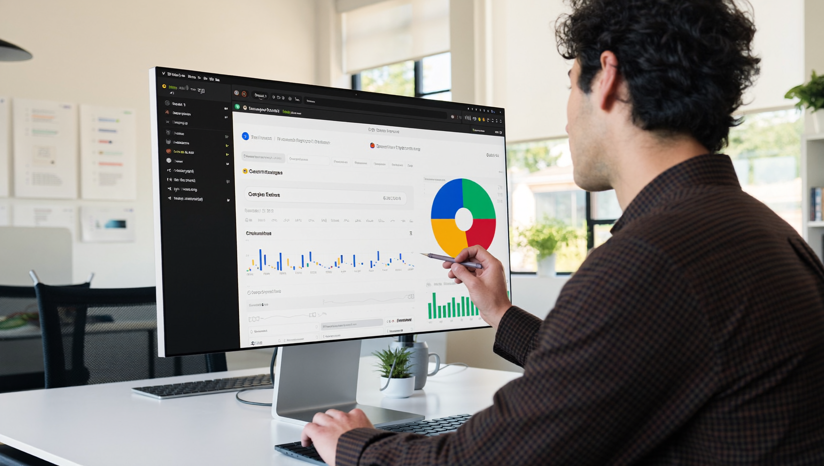 Stratège marketing analysant le rapport Generative AI Search Console sur un écran dans une agence digitale moderne