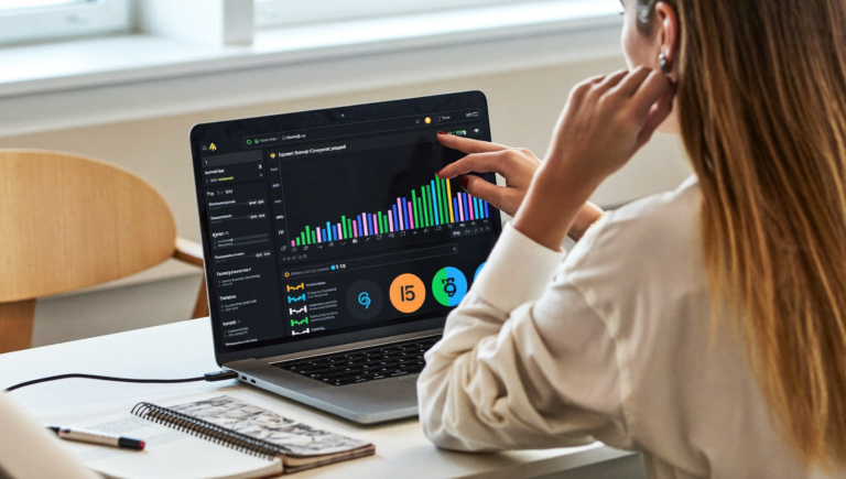 Analyste consultant la Search Console réseaux sociaux sur un écran d'ordinateur portable