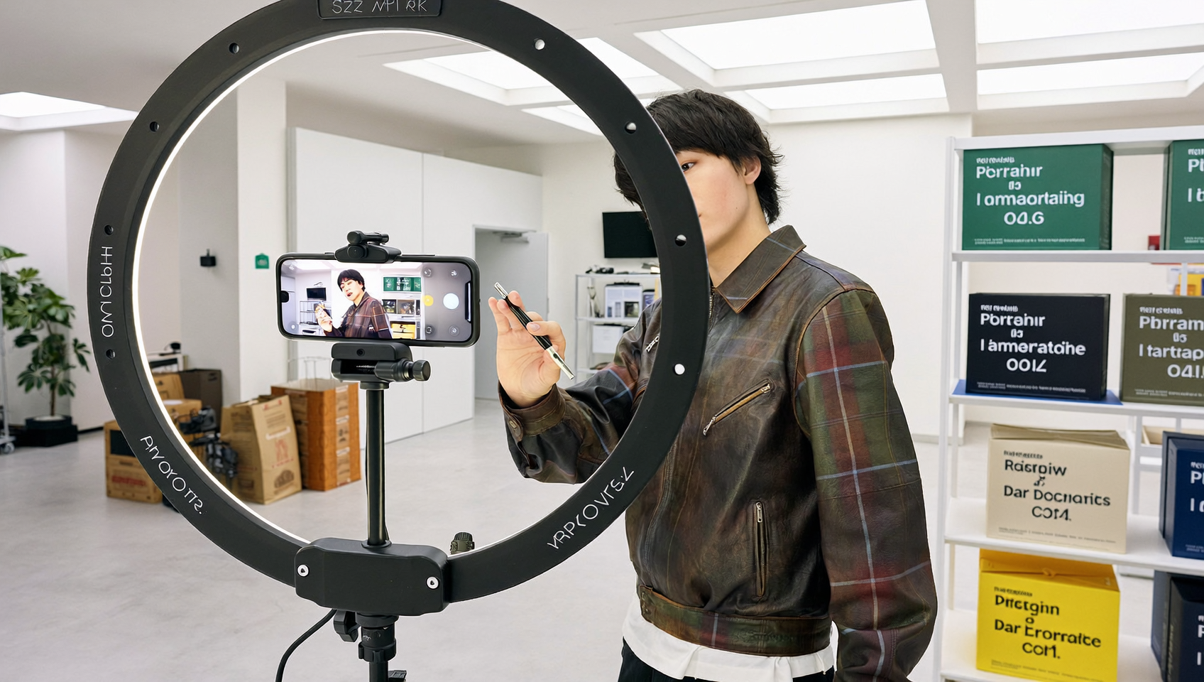 Créateur filmant un produit pour Sell Across Europe TikTok Shop en studio lumineux