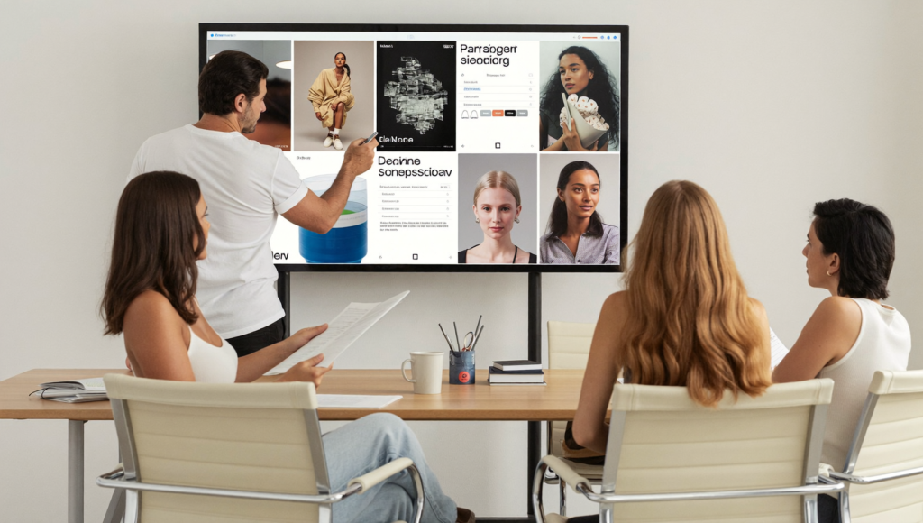 Équipe créative testant Muse Image Advantage+ pour valider des visuels publicitaires IA