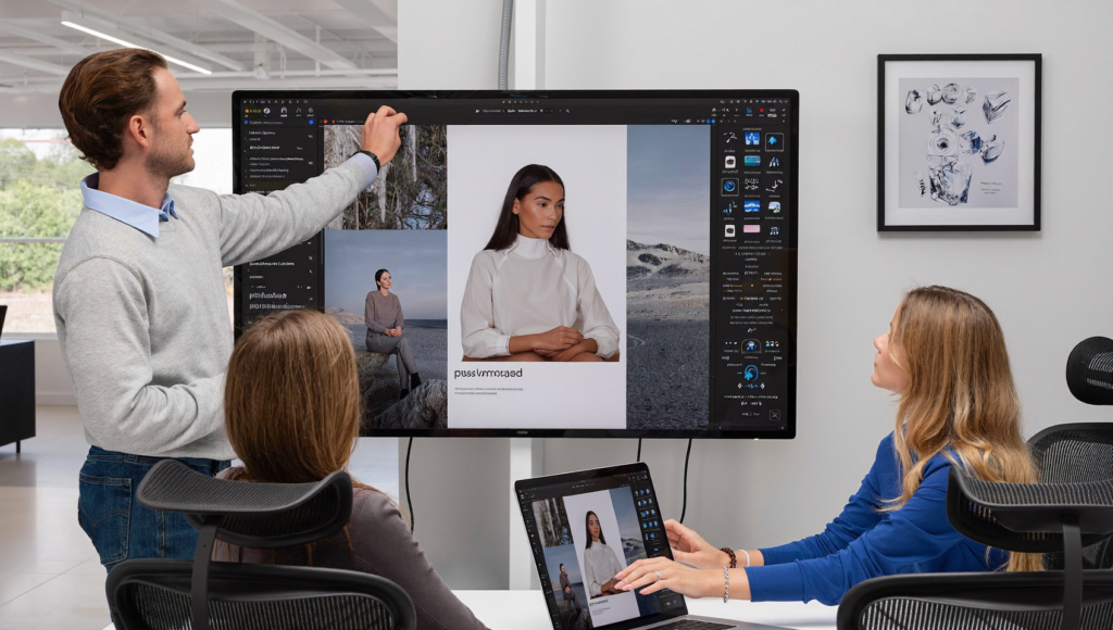 Une équipe créative pilote des visuels publicitaires générés avec Meta Muse Image sur grand écran