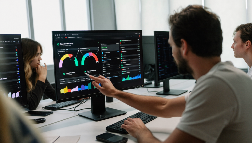 Équipe marketing analysant le query fan-out sur un écran de données de recherche