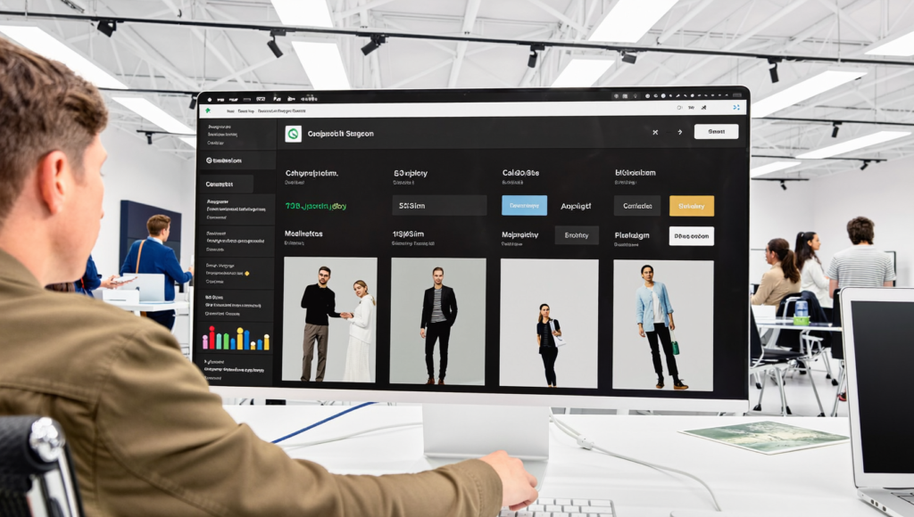 Équipe analysant les résultats de Shopify SimGym sur un écran dans un studio e-commerce