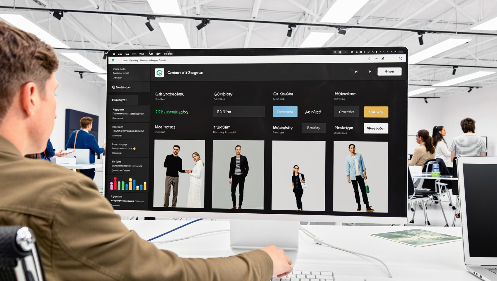 Équipe analysant les résultats de Shopify SimGym sur un écran dans un studio e-commerce