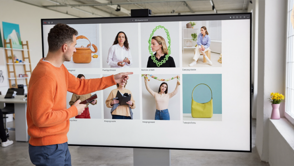 Équipe optimisant un catalogue produits pour la recherche visuelle Pinterest en studio