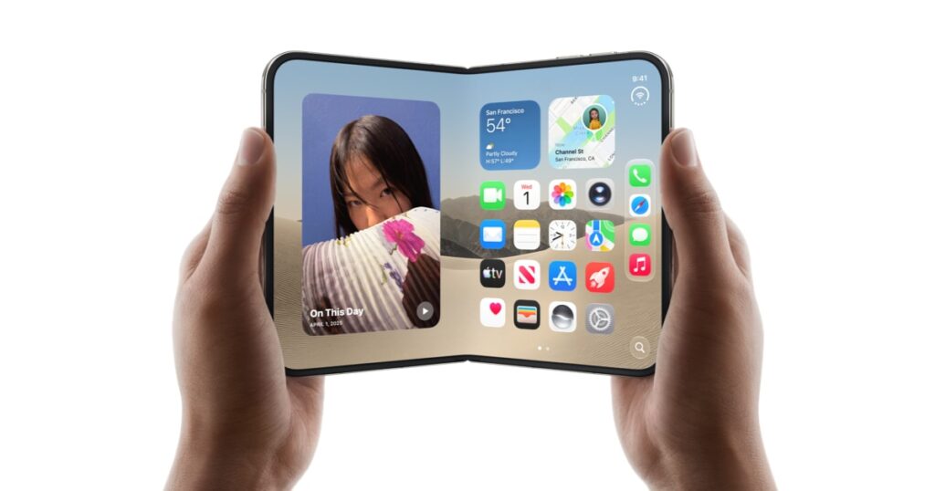 iPhone Duo format pliable ouvert affichant un site web responsive dans un studio de design