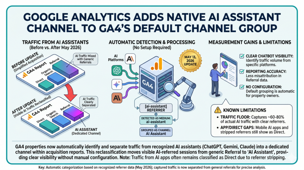 Analyste examinant le canal AI Assistant GA4 sur un tableau de bord d'acquisition