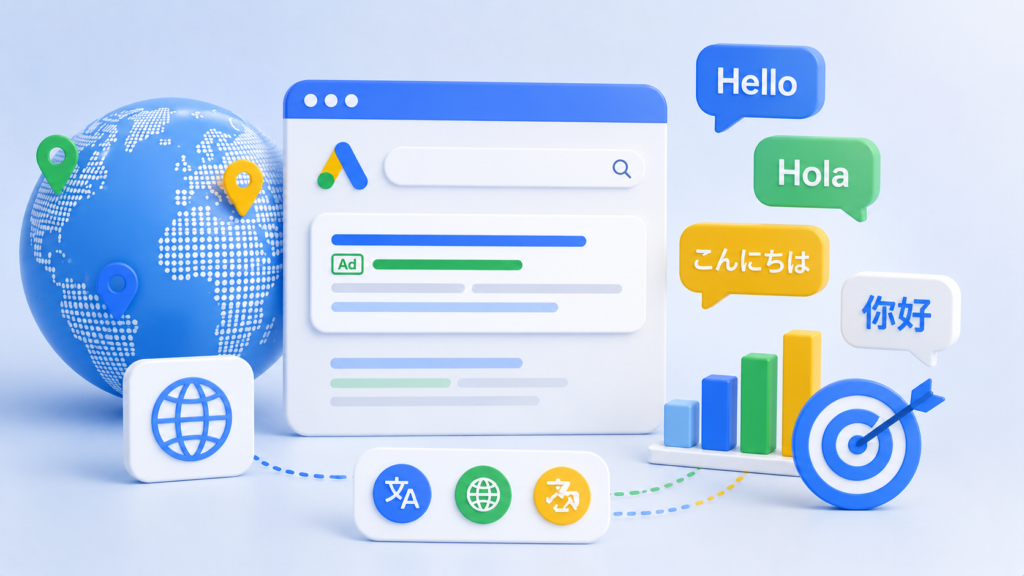 Équipe agence auditant le ciblage linguistique google ads sur un tableau de bord