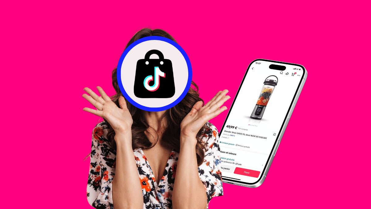 Animatrice en plein live shopping en France dans un studio moderne avec caméra et éclairage