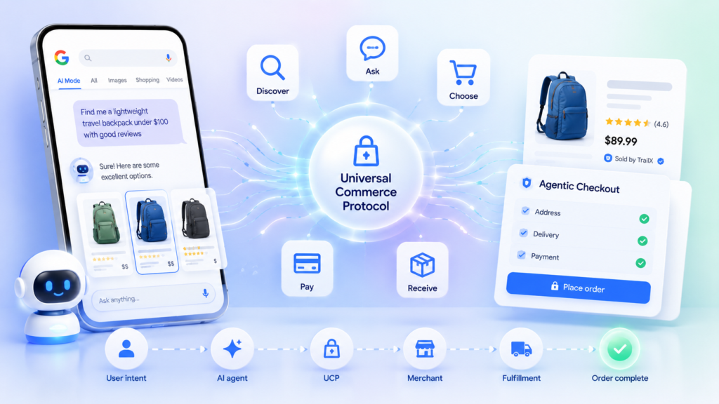 Achat via un agent IA illustrant l'universal commerce protocol sur smartphone