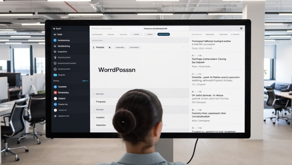 Développeur configurant WordPress 7.0 IA native sur un grand écran dans une agence