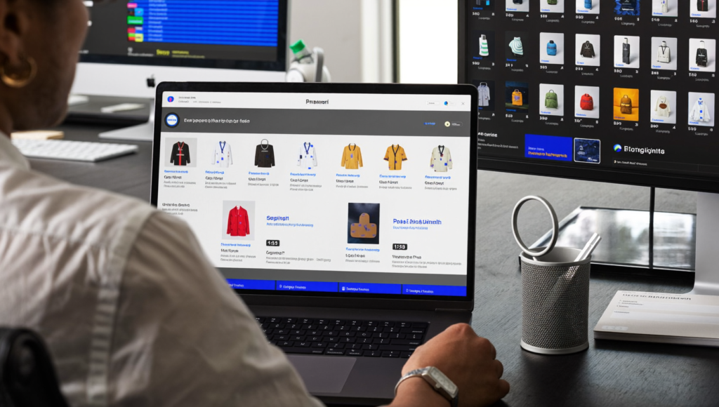 Un expert contrôle un flux produit lors d'une migration Merchant API sur un écran de tableau de bord e-commerce