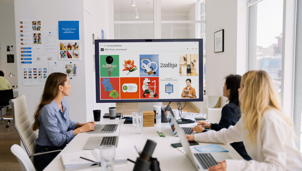 Équipe marketing pilotant les Advantage+ Creative Enhancements sur un écran de publicités Meta