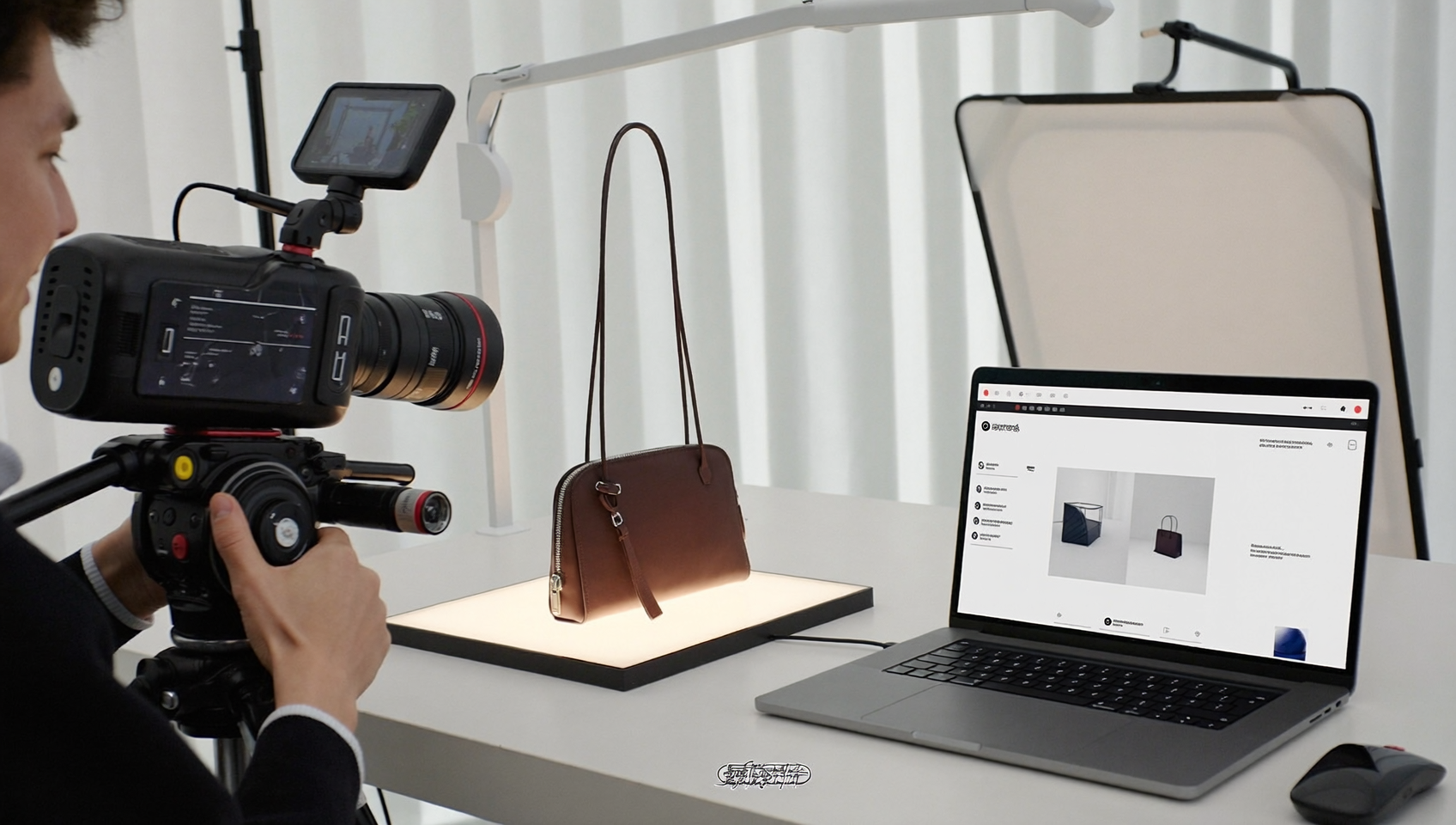 Tournage d'une vidéo fiche produit WooCommerce dans un studio e-commerce lumineux