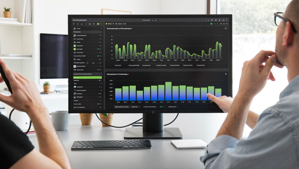 Équipe marketing analysant le canal AI Assistant GA4 sur un tableau de bord