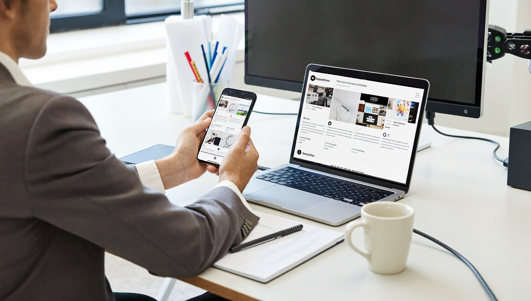 Une social media manager ajuste sa stratégie Your Algorithm Instagram sur smartphone dans un studio créatif