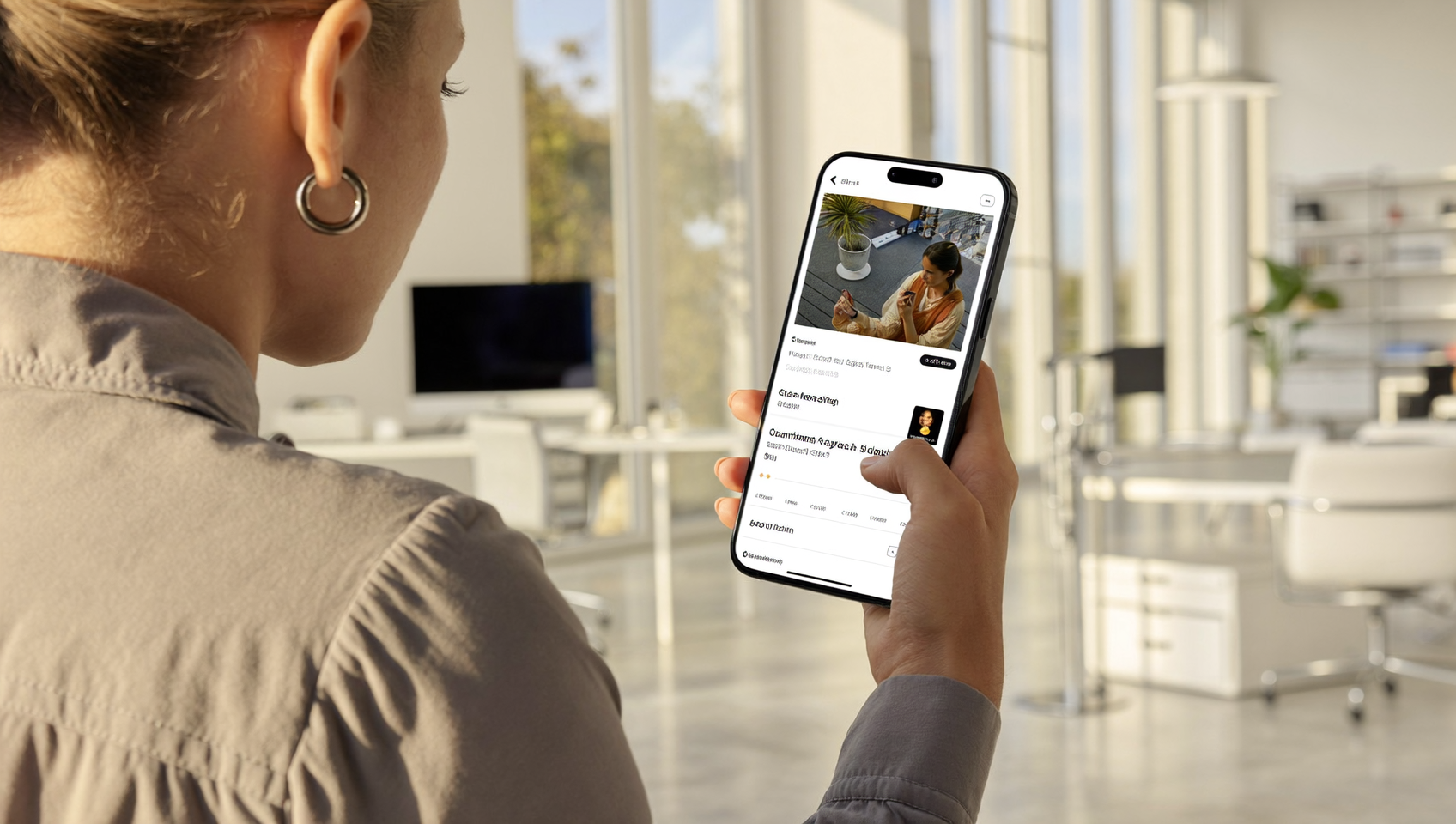 Utilisatrice explorant les tiktok search hubs sur son smartphone dans un studio lumineux