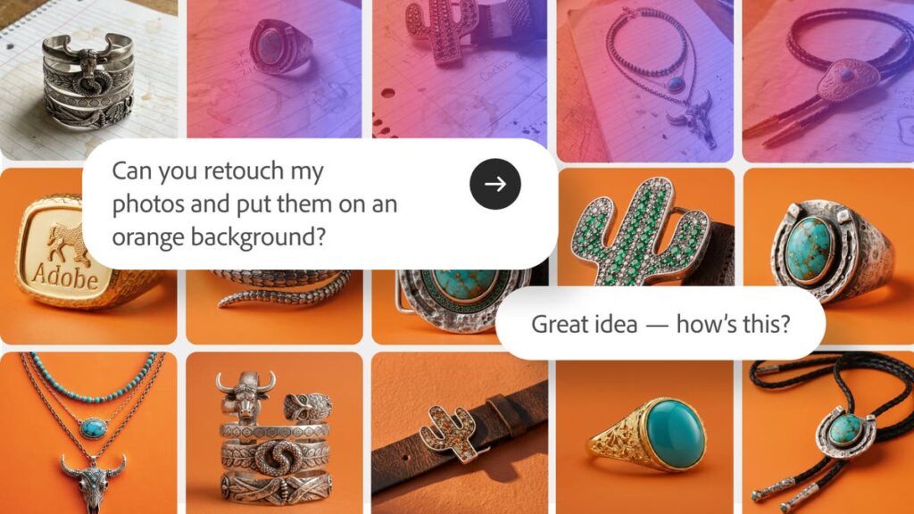 Équipe créative pilotant le Firefly AI Assistant sur écran dans un studio de design lumineux