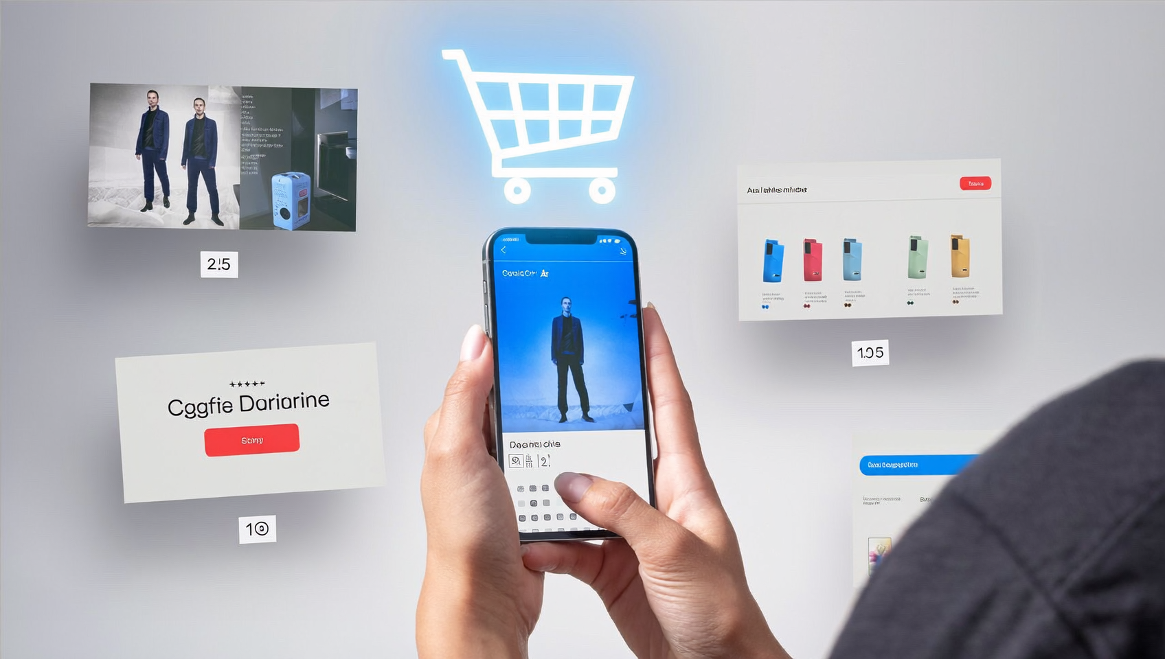 Illustration d'un acheteur utilisant Universal Cart Google sur smartphone avec un panier IA multi-marchands