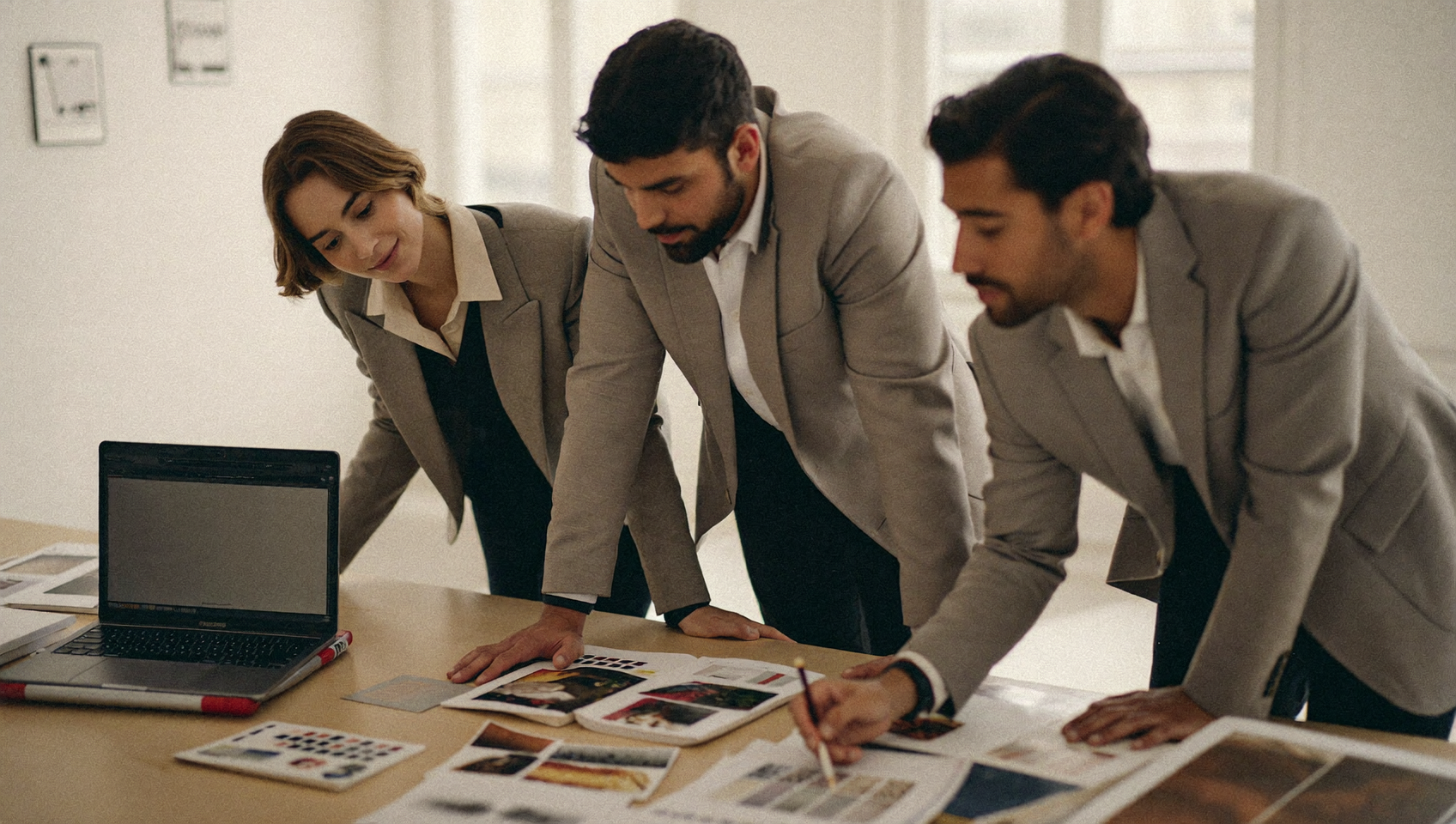 Équipe marketing comparant des épreuves de slides à sa charte graphique avant d'utiliser ChatGPT Slides