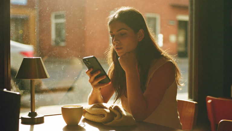 Une jeune femme consulte son smartphone en terrasse de café, illustration de la recherche visuelle Instagram