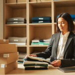 Fondatrice d'une marque de vêtements vérifiant les tailles de ses produits dans sa réserve, pour préparer son catalogue à Shop MCP