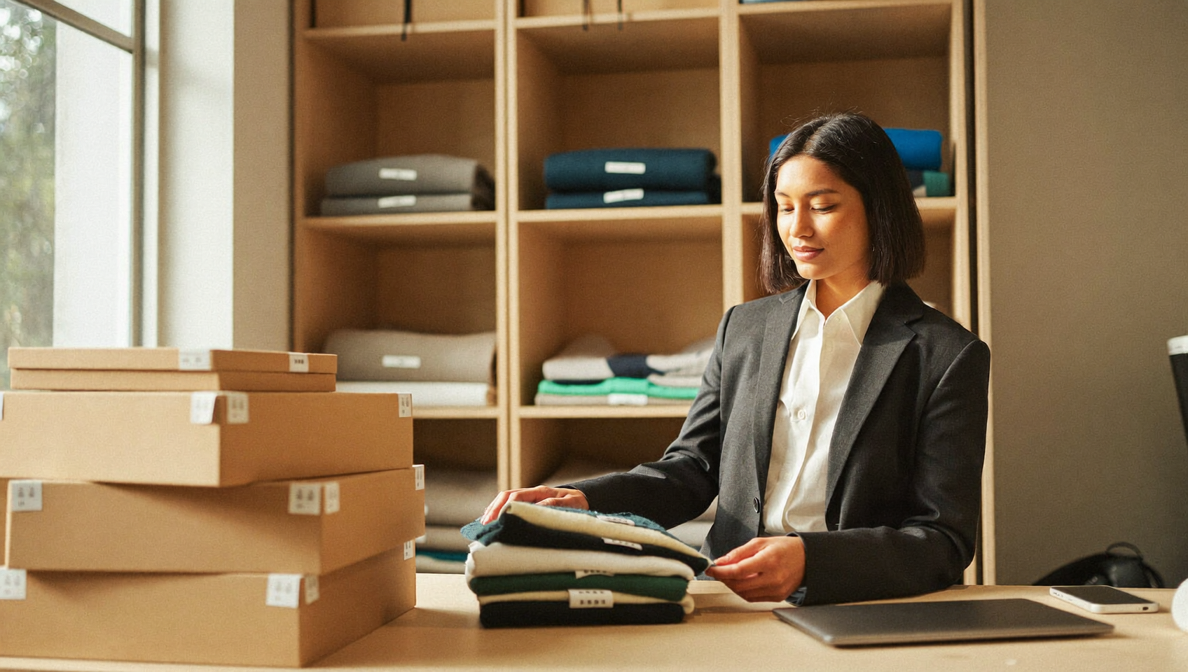 Fondatrice d'une marque de vêtements vérifiant les tailles de ses produits dans sa réserve, pour préparer son catalogue à Shop MCP