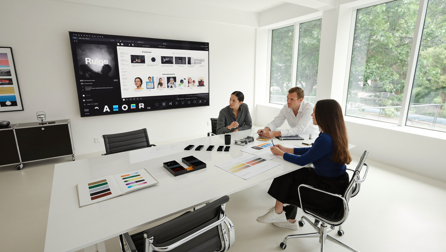 Équipe créative pilotant la génération de visuels avec nano banana 2.1 google ads dans un studio de design