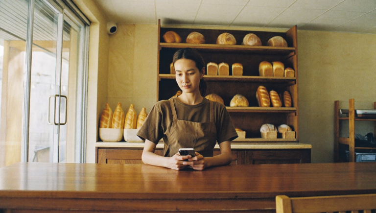 Commerçante consultant son smartphone dans sa boulangerie, illustration des nouveaux réglages de l'algorithme Facebook