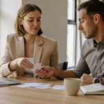 Une dirigeante et un commercial trient des fiches de contacts, illustrant les réponses qualifiantes Google Ads pour filtrer les leads