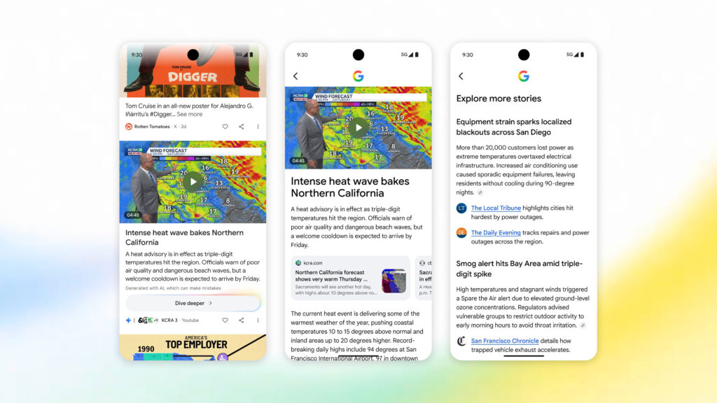 Lecteur consultant un fil d'actualité mobile illustrant le test Dive Deeper Discover de Google