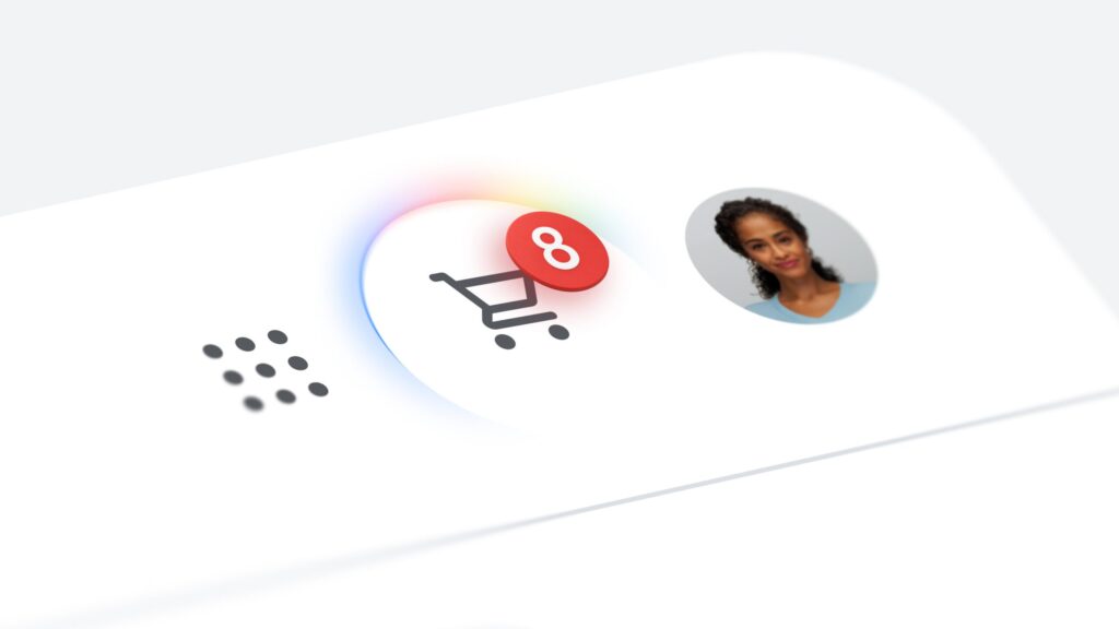 Illustration d'un acheteur utilisant Universal Cart Google sur smartphone avec un panier IA multi-marchands