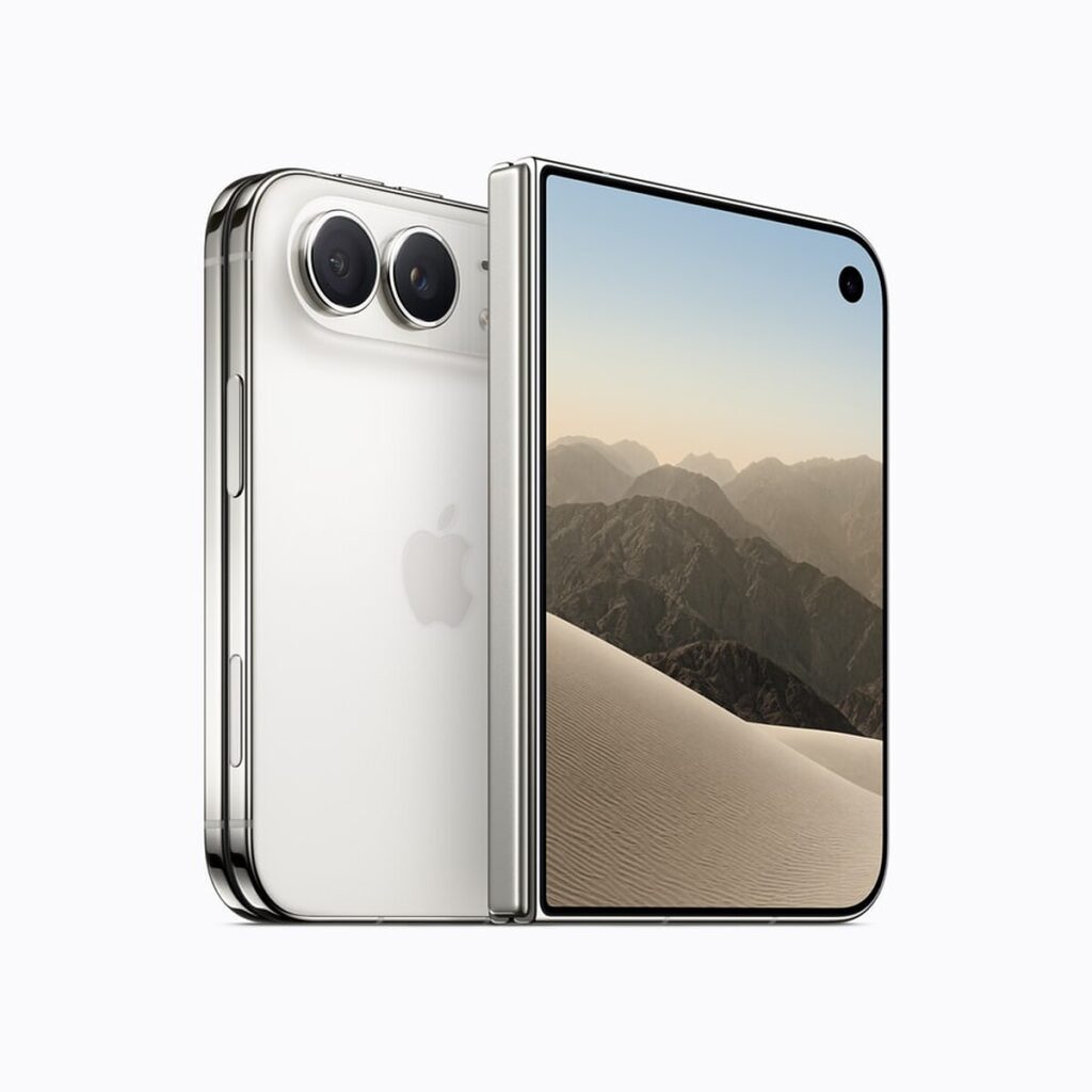 iPhone Duo blanc vu de dos avec double appareil photo, à côté d'un modèle replié affichant son écran externe