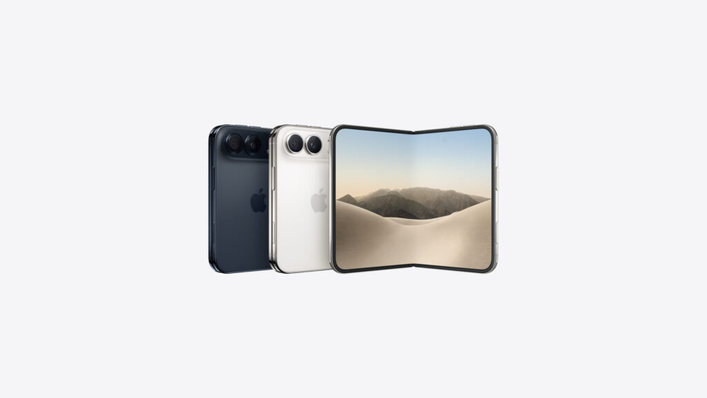 Trois iPhone Duo, deux fermés vus de dos en bleu nuit et blanc, un ouvert à plat montrant son grand écran