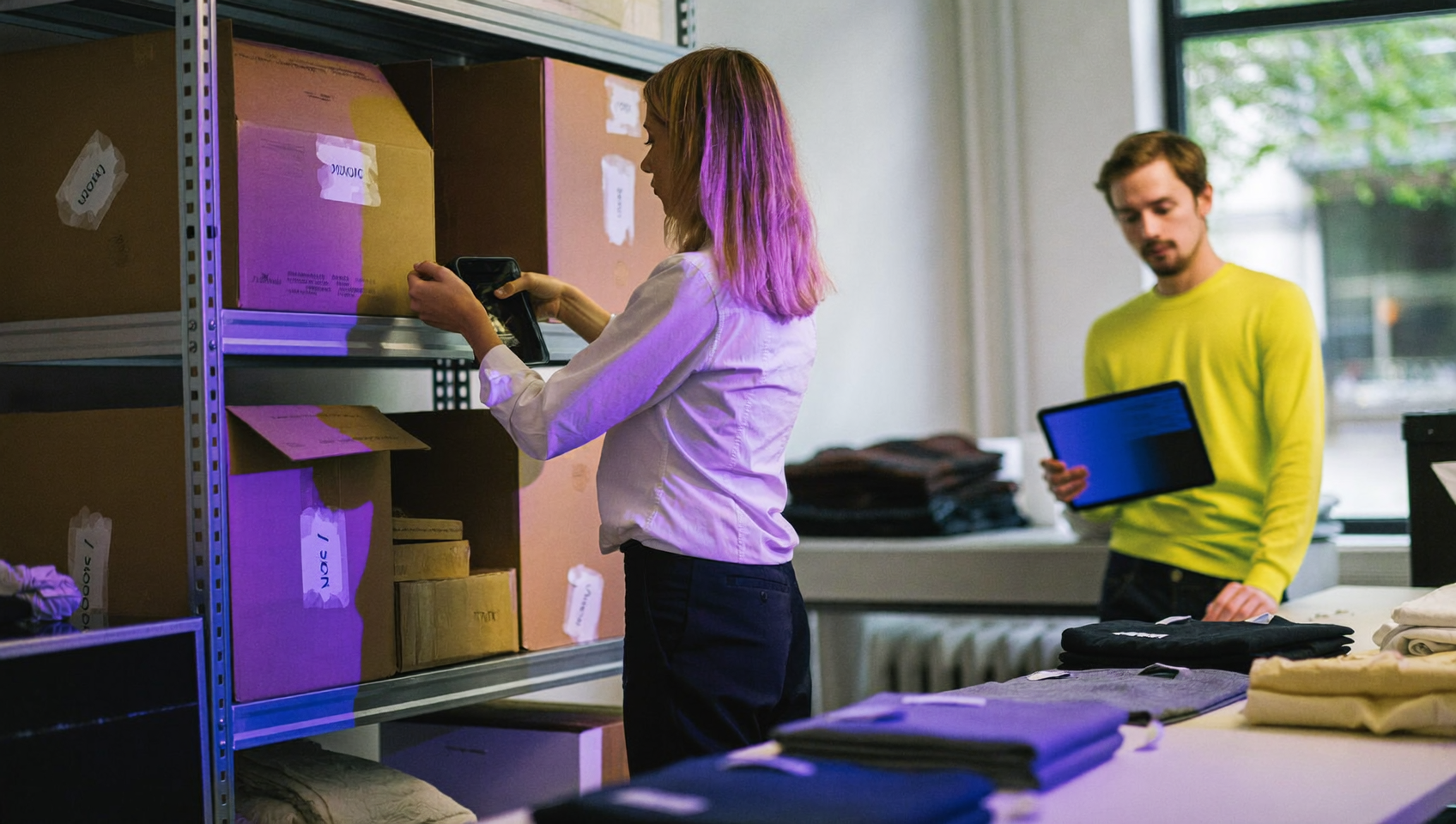 Une commerçante scanne des cartons dans sa réserve pour son inventaire Shopify avant le Black Friday