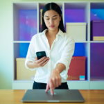 Une commerçante valide la passkey Merchant Center avec son empreinte sur un ordinateur portable