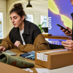 Une e-commerçante vérifie ses fiches produits pour ChatGPT Shopping dans son atelier parisien